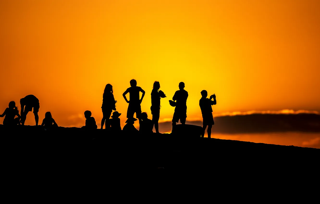 Photo wallpaper the sky, clouds, sunset, people, horizon, silhouette
