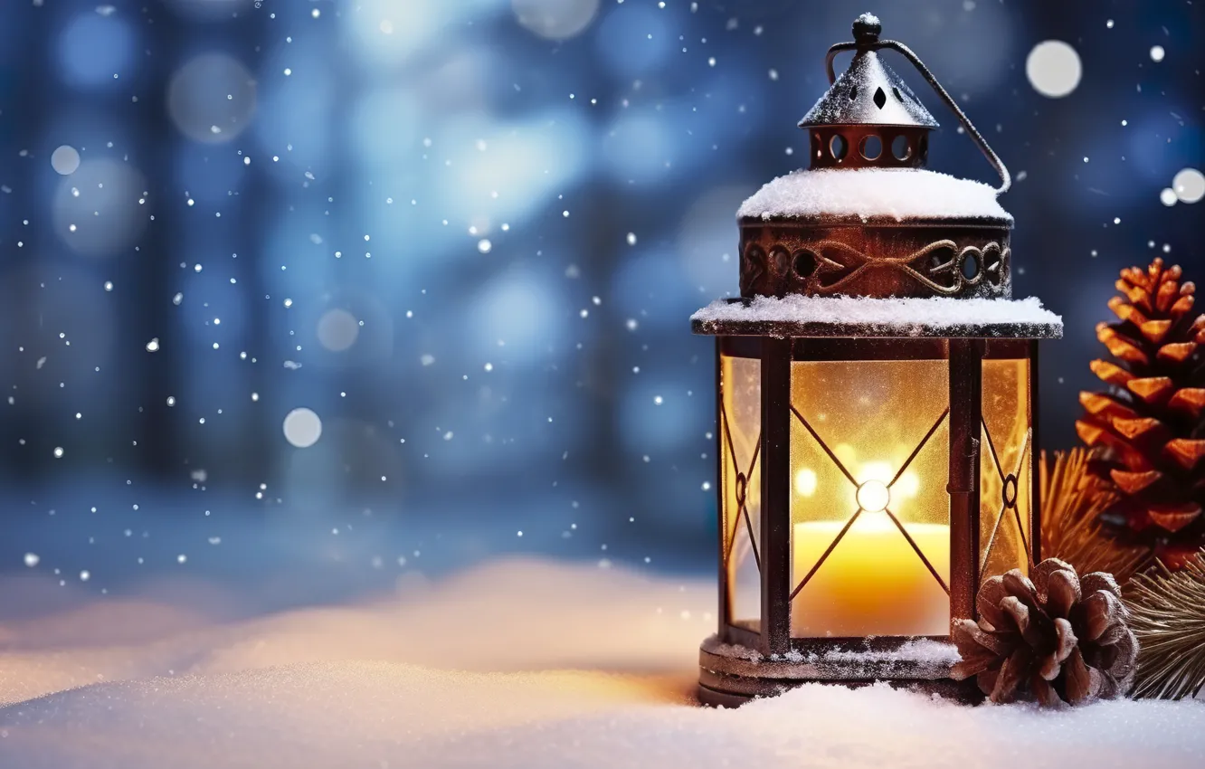 Photo wallpaper winter, light, snow, night, nature, new year, candles, Christmas