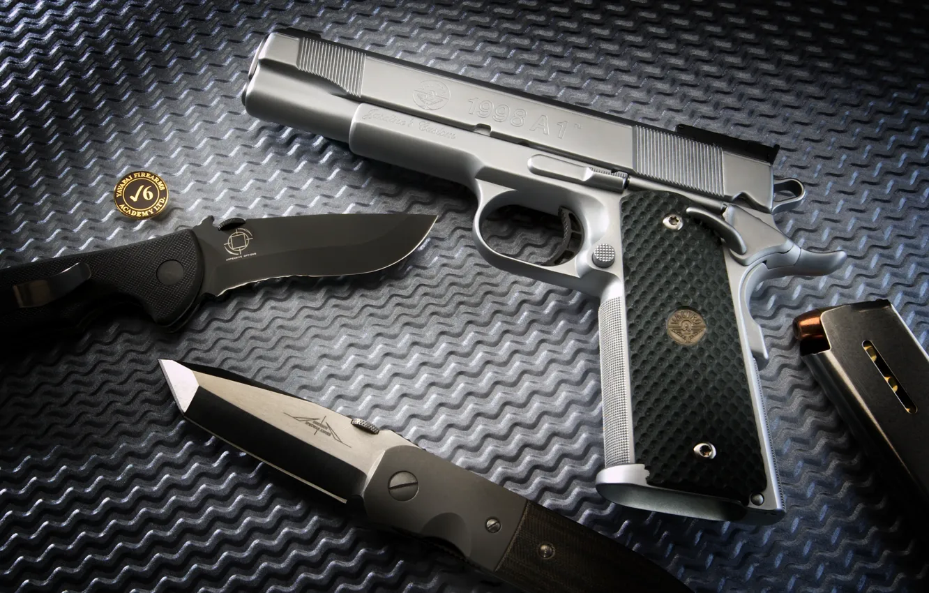 Photo wallpaper gun, weapons, Wallpaper, knife, trunk, gun, pistol, weapon