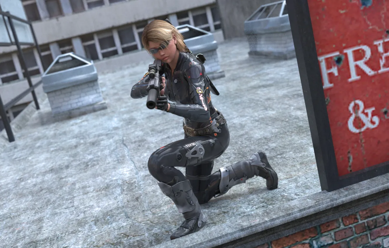 Photo wallpaper roof, look, girl, rendering, weapons, glasses, costume