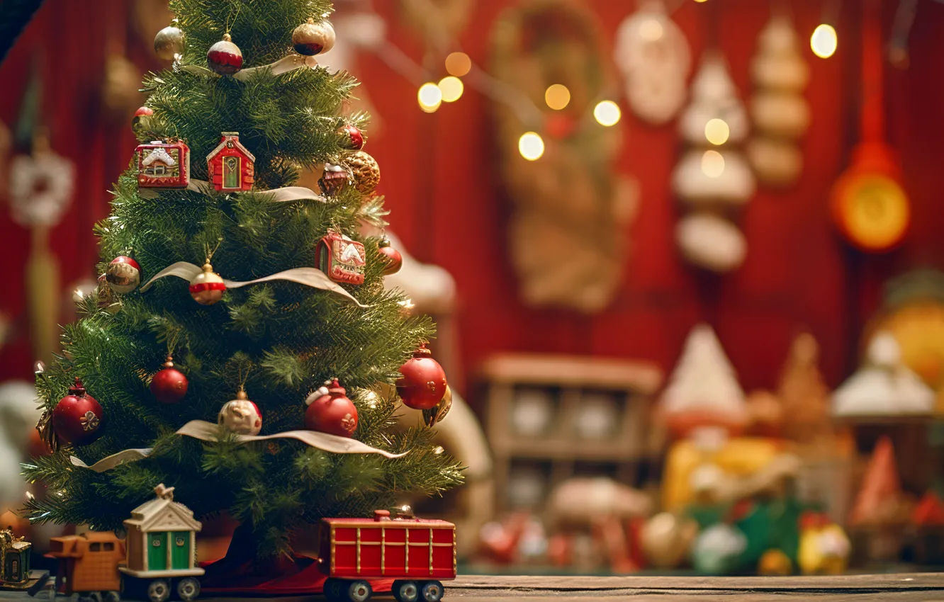 Photo wallpaper balls, lights, toy, tree, new year, Christmas, machine, herringbone