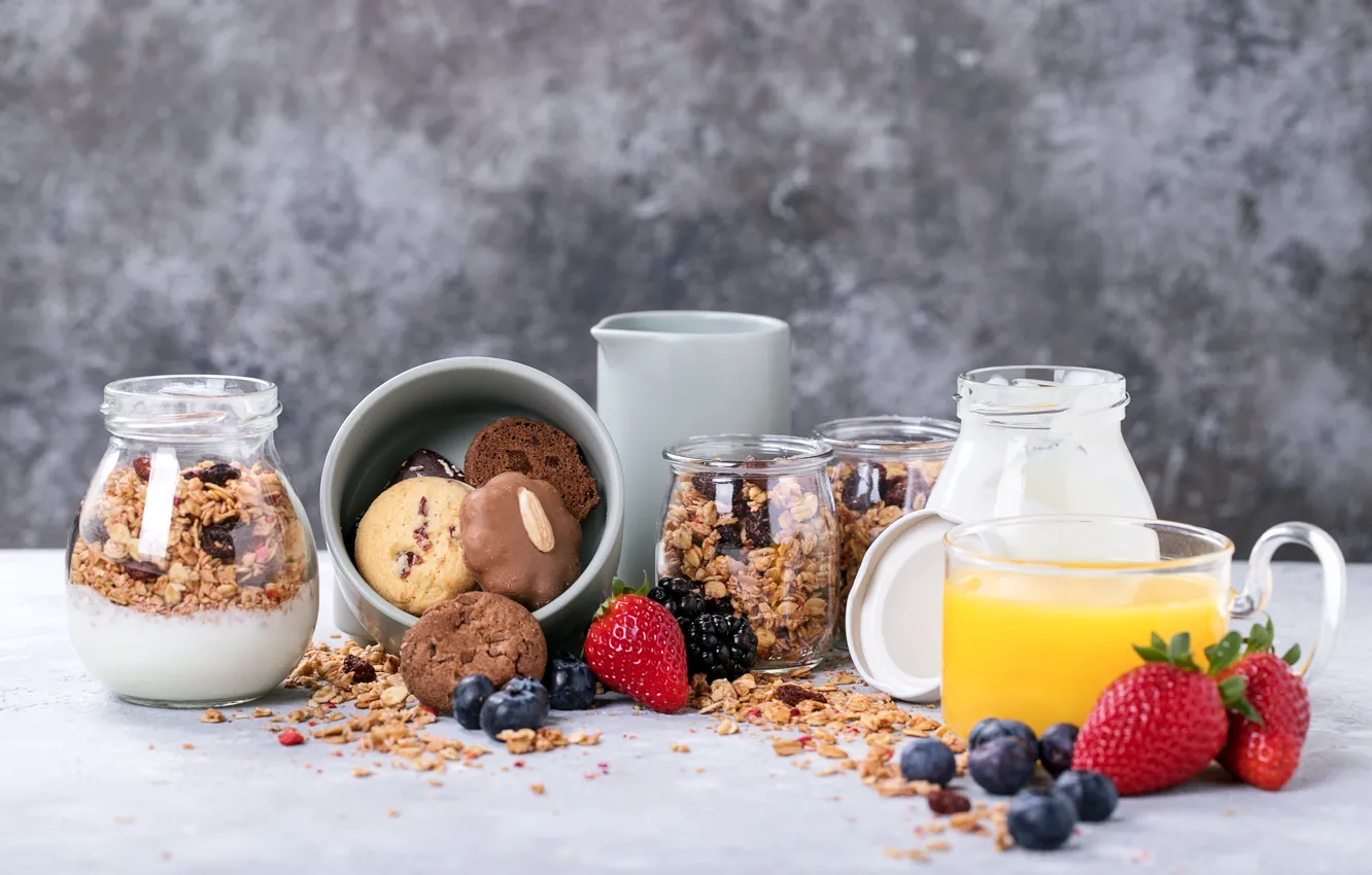Photo wallpaper berries, Breakfast, cookies, juice, yogurt, granola, Roman Dbree