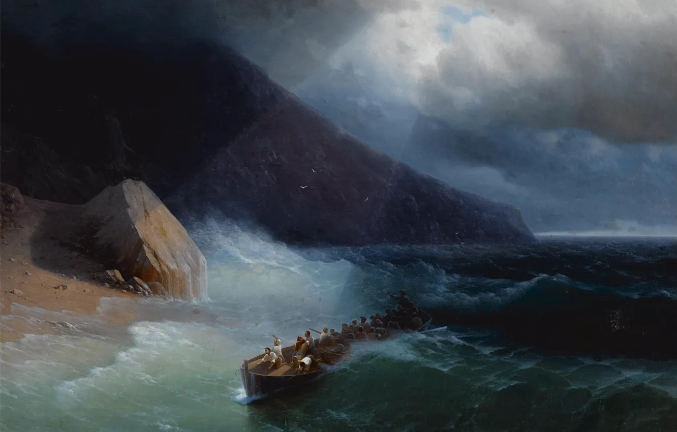 Photo wallpaper sea, boat, storm, picture, Ivan Aivazovsky, Survivors