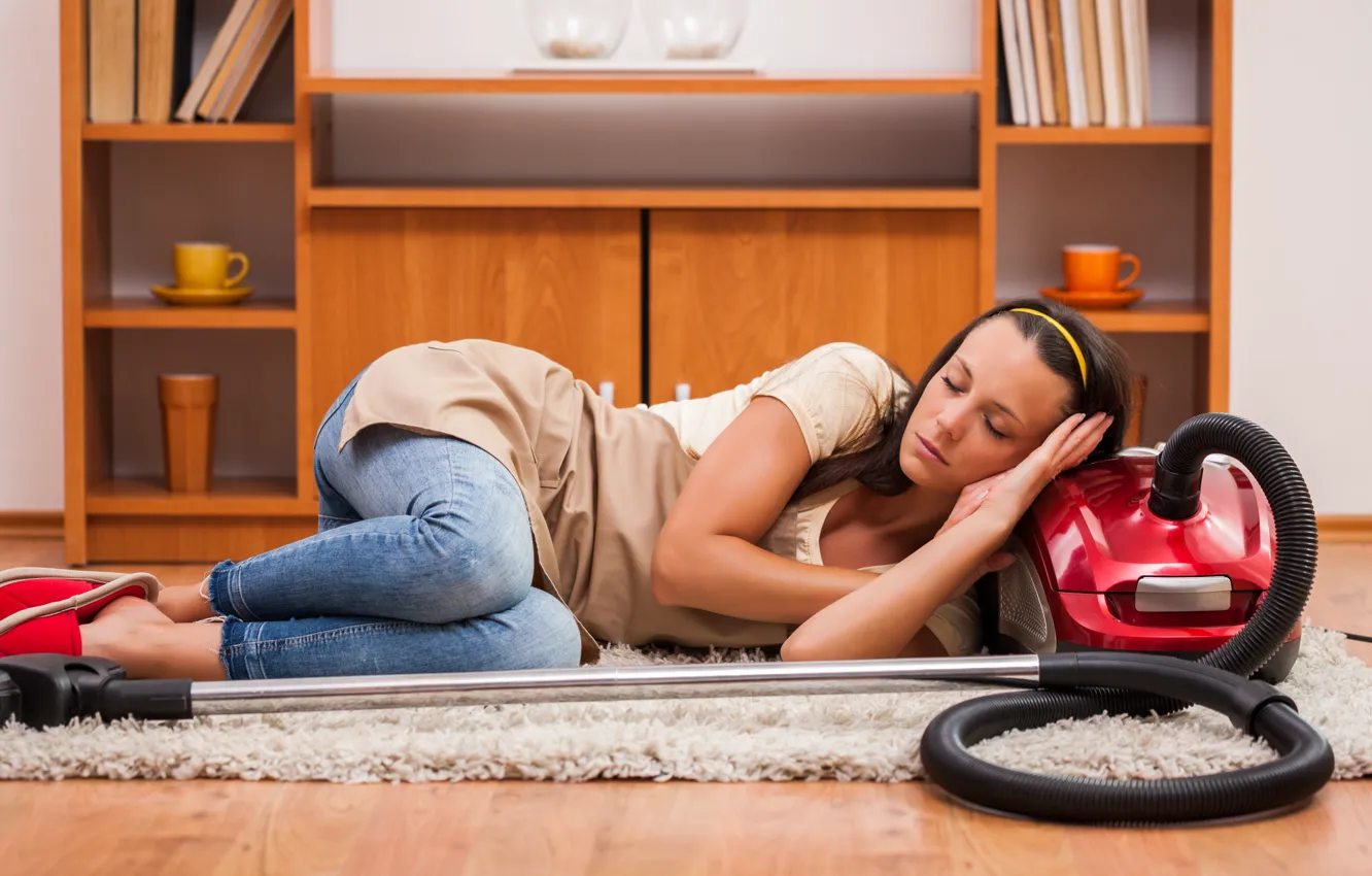 Photo wallpaper woman, cleaning, fatigue, vacuum cleaner
