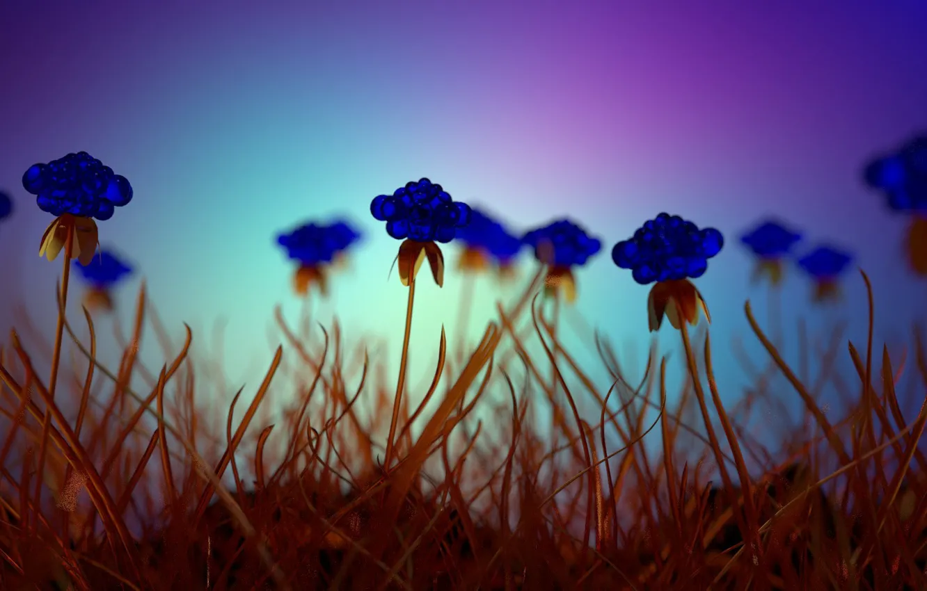 Photo wallpaper grass, glass, blue flowers