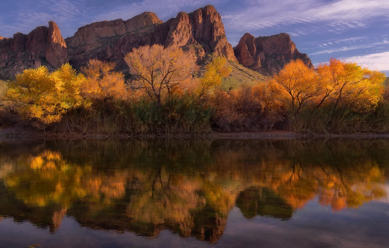 Photo wallpaper autumn, forest, the sky, water, clouds, trees, mountains, lake