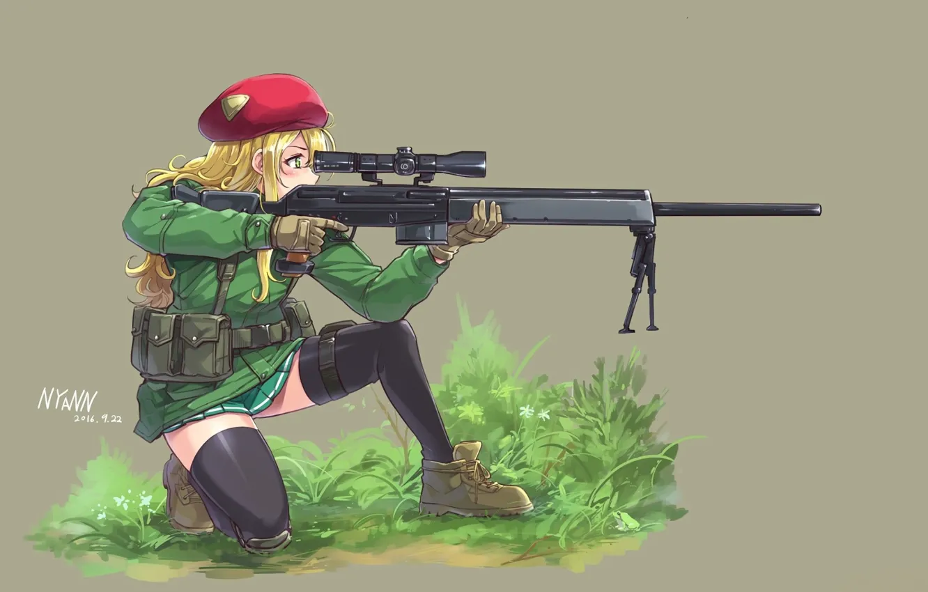 Photo wallpaper grass, stockings, shoes, girl, gloves, sniper, grey background, rifle