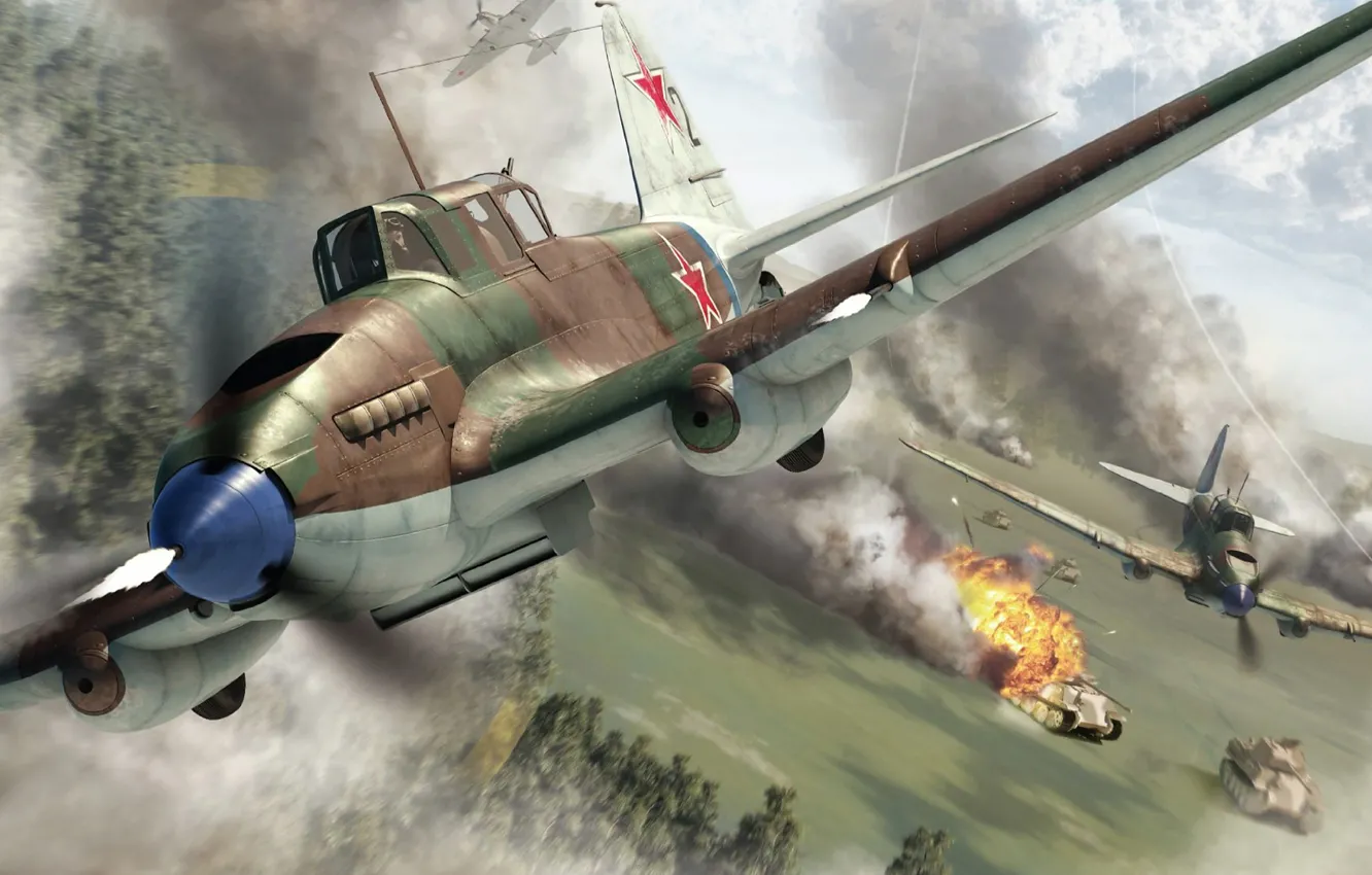 Photo wallpaper attack, Panther, art, tank, columns, flying tank, attack, the plane