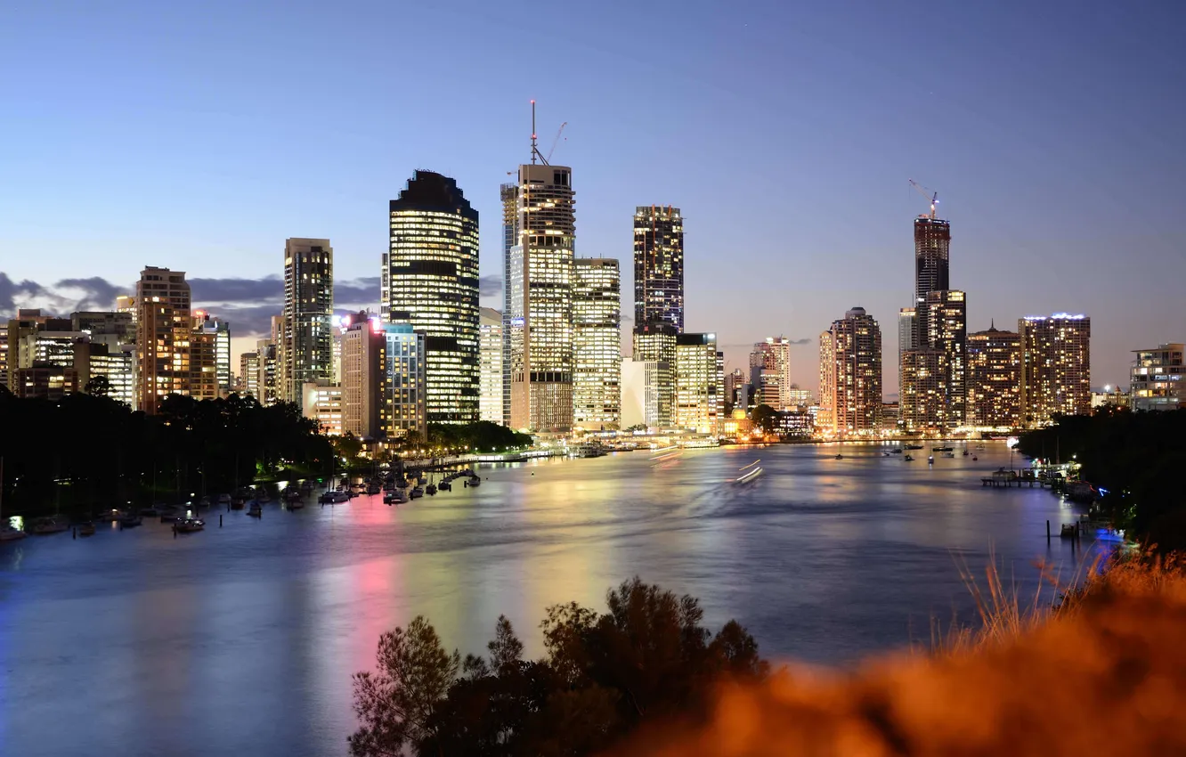 Photo wallpaper lights, home, the evening, yacht, Australia, skyscrapers, Australia, trees.