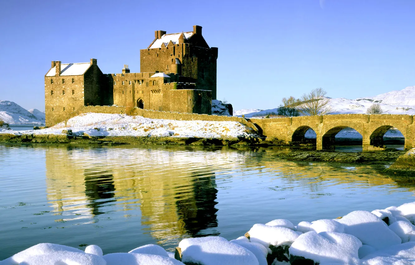 Photo wallpaper winter, the sky, snow, bridge, river, castle