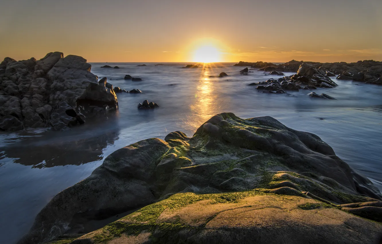 Photo wallpaper landscape, the ocean, rocks, dawn