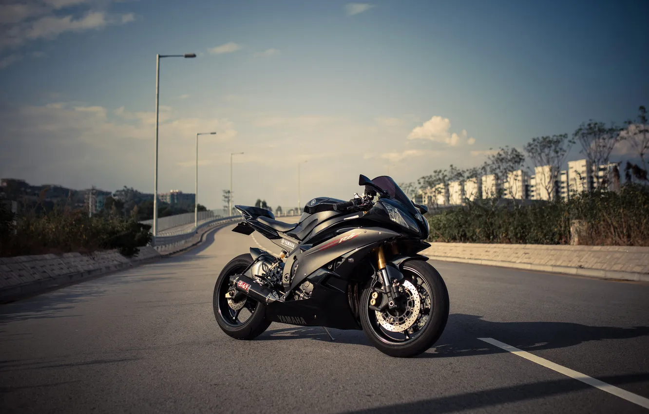 Photo wallpaper road, the sky, black, lights, motorcycle, Yamaha, black, bike