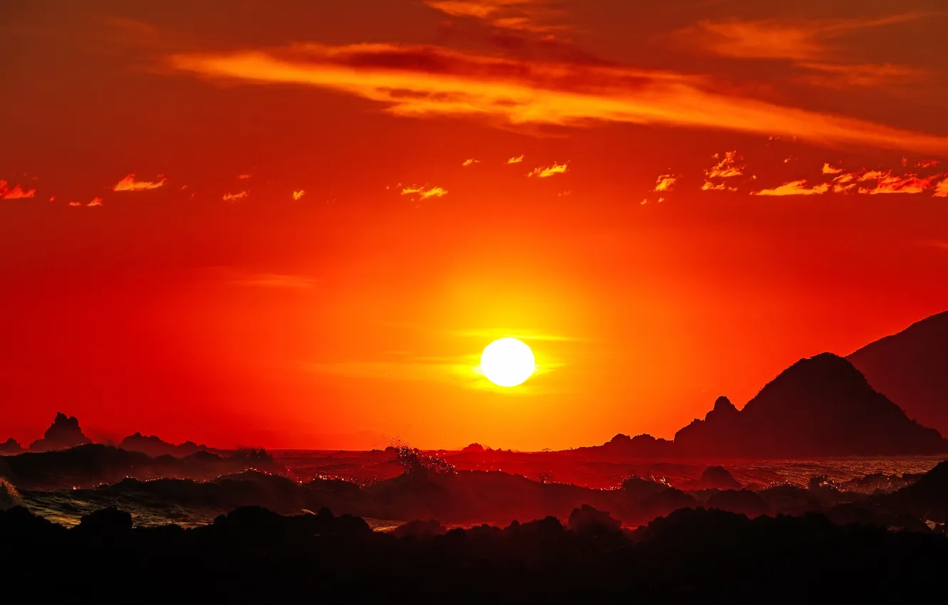 Photo wallpaper sea, wave, the sky, the sun, landscape, sunset