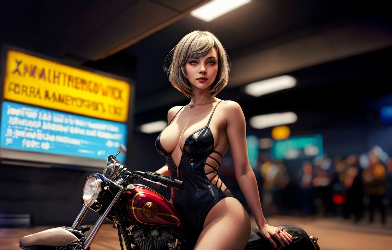 Photo wallpaper cleavage, blue eyes, short hair, white hair, thighs, Big boobs, bare shoulders, looking at viewer