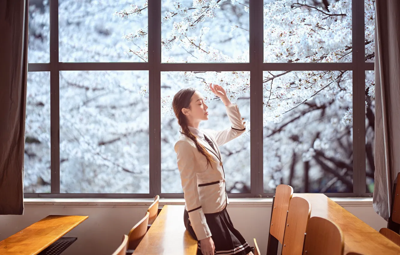 Photo wallpaper glass, girl, light, flowers, freshness, branches, face, pose