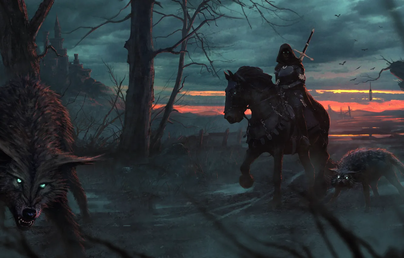 Photo wallpaper road, forest, girl, trees, night, wolf, predator, fantasy