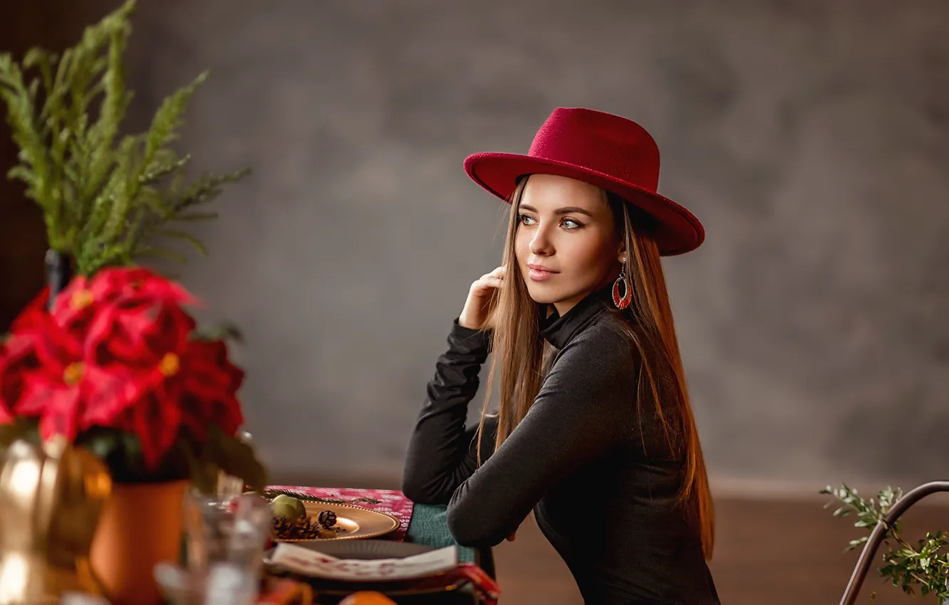 Photo wallpaper girl, green eyes, long hair, hat, photo, photographer, model, bokeh