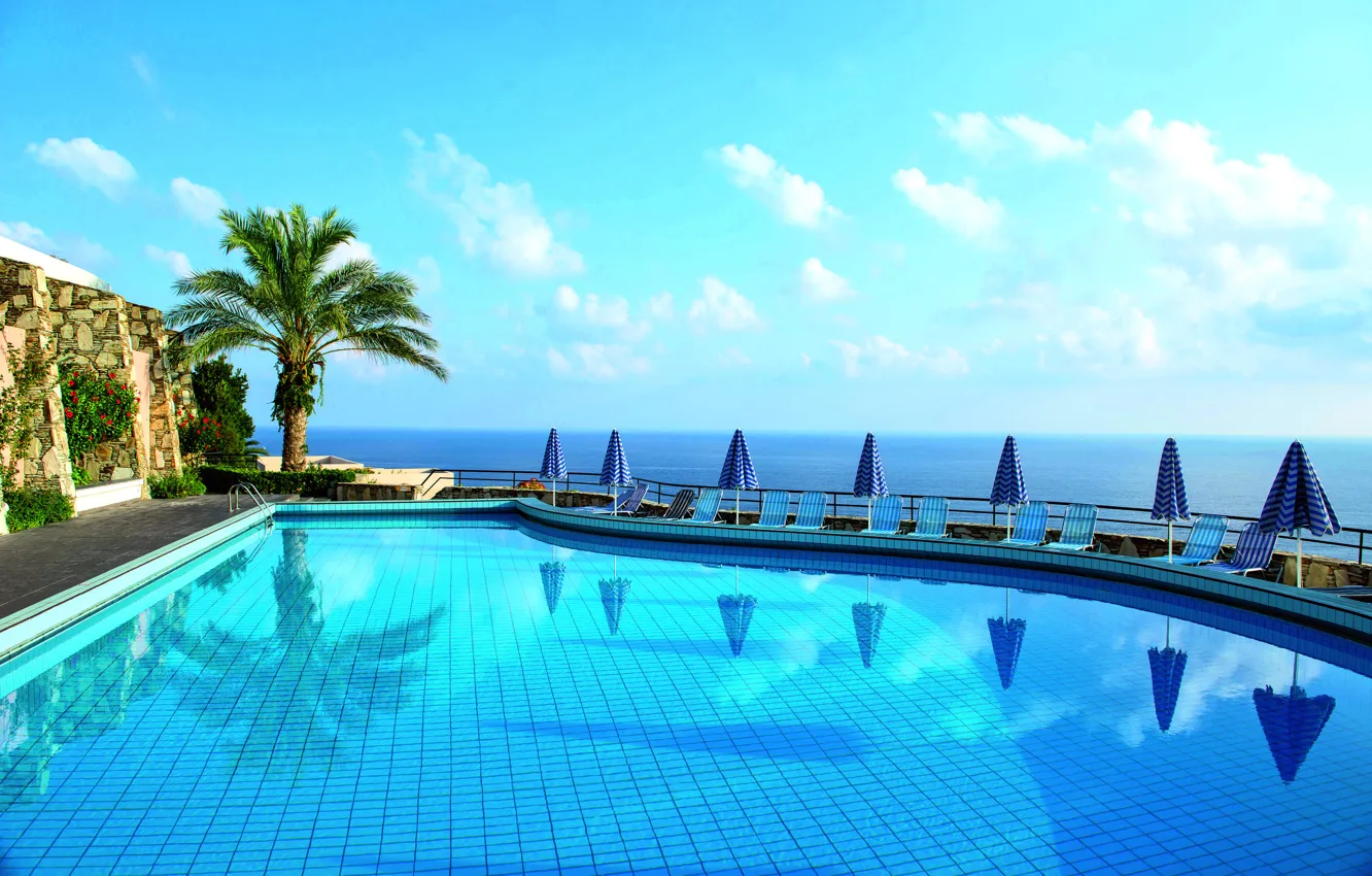 Photo wallpaper sea, view, pool, Greece, horizon, hotel Athina