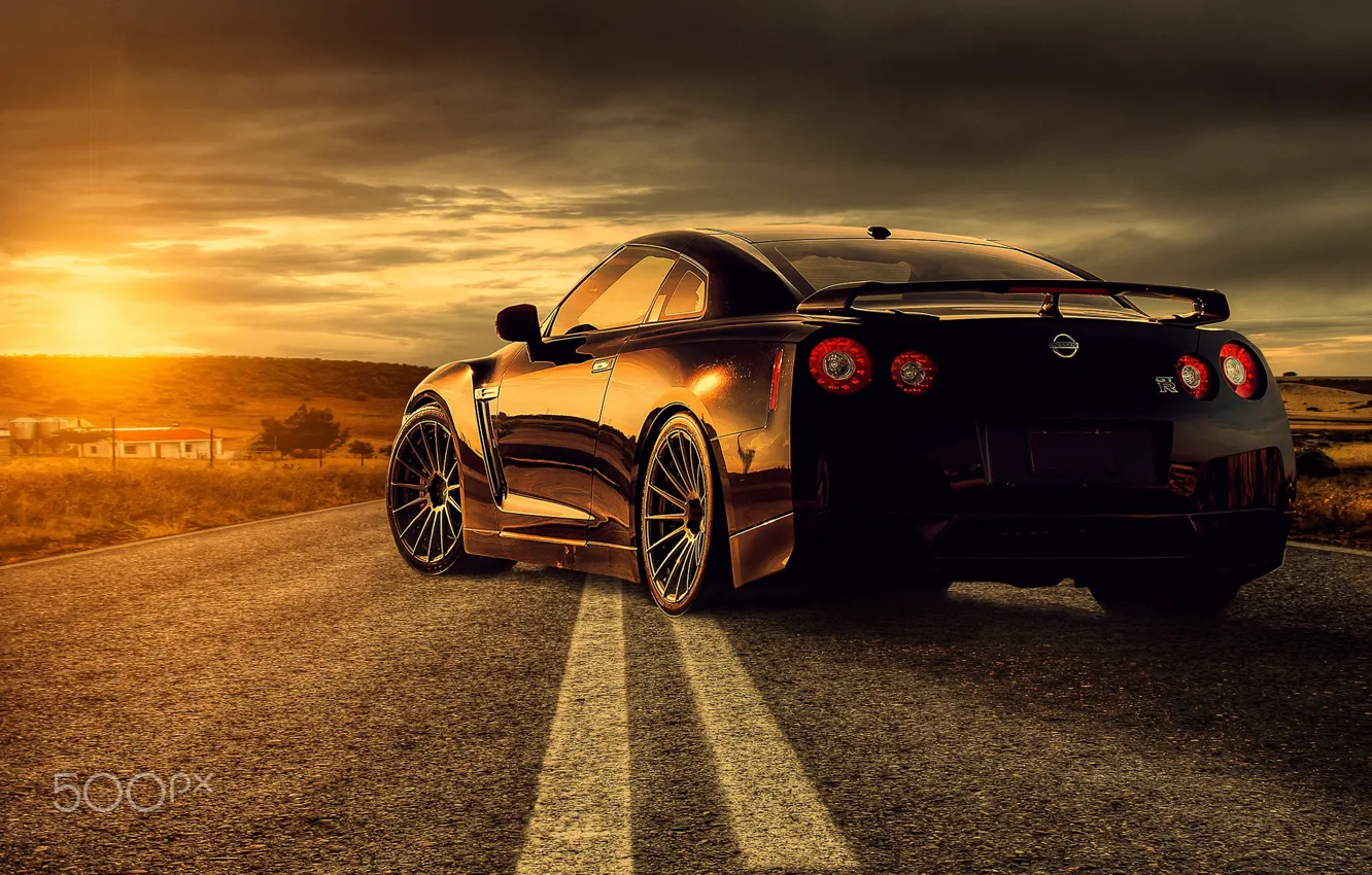 Photo wallpaper road, the sun, light, GTR, Nissan