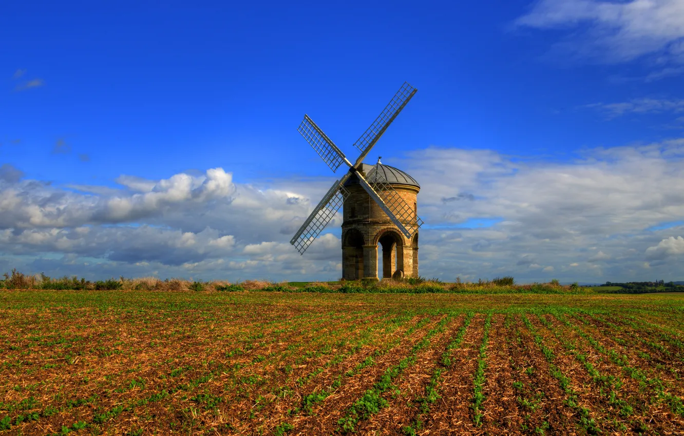Photo wallpaper greens, field, autumn, the sky, grass, clouds, blue, nature