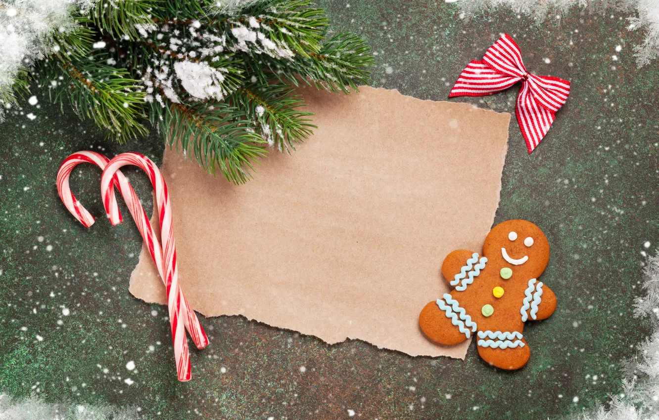 Photo wallpaper paper, background, cookies, Christmas, background, snow, postcard, decoration