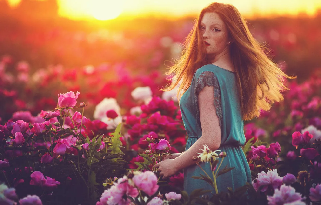 Photo wallpaper look, girl, the sun, flowers, pose, model, portrait, makeup