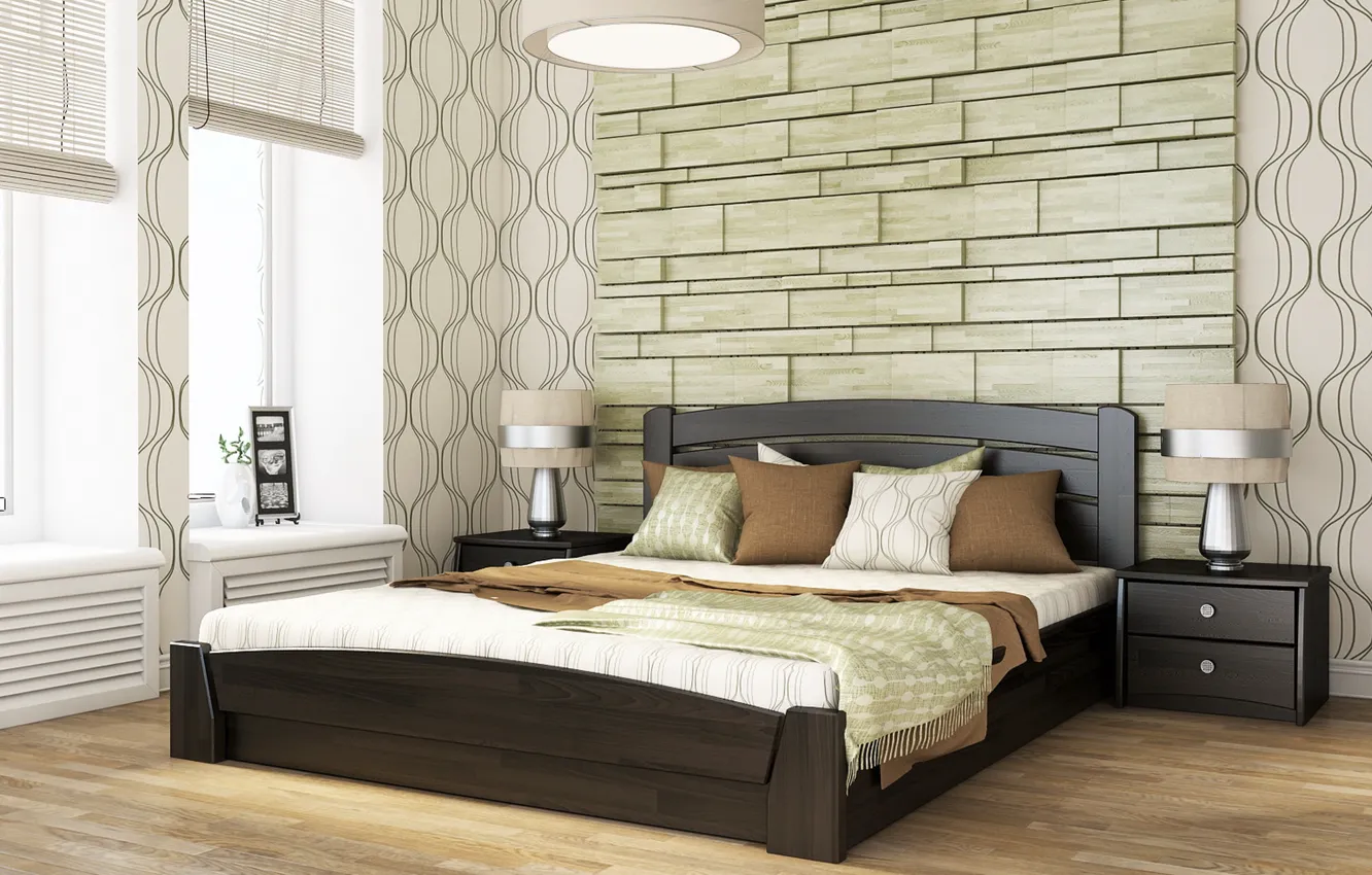 Photo wallpaper design, stones, room, wall, lamp, bed, pillow, window