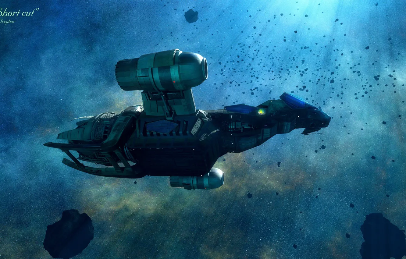 Photo wallpaper space, fireflies, spaceship, asteroids, the short cut