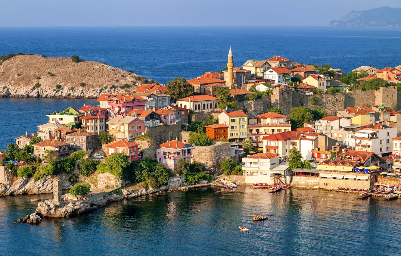 Photo wallpaper sea, the sky, the sun, trees, stones, shore, boat, home