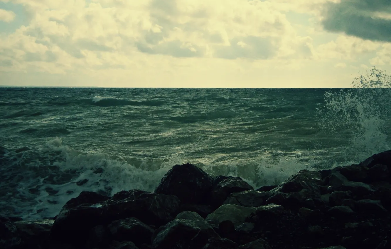 Photo wallpaper sea, wave, landscape, squirt, clouds, storm, stones, the wind
