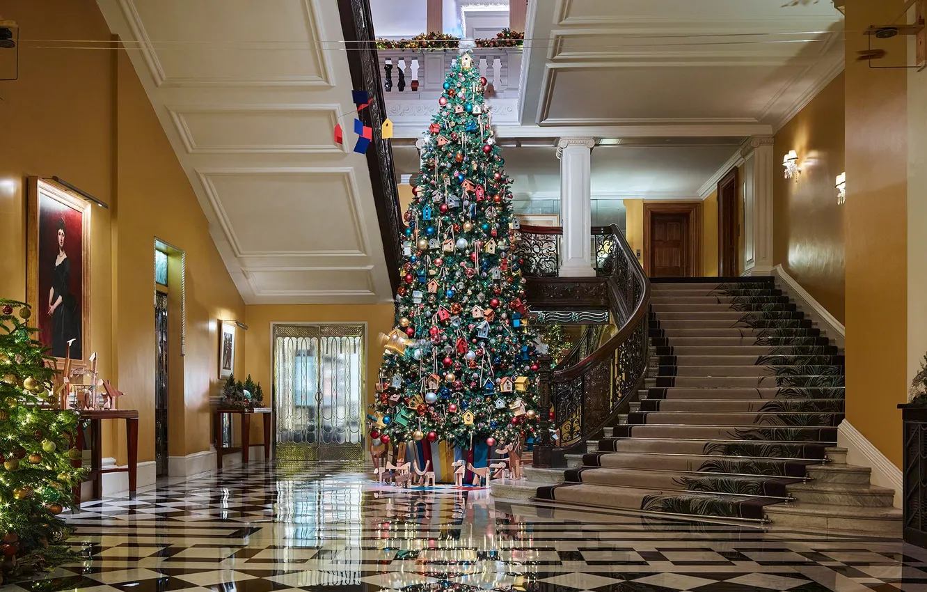 Photo wallpaper decoration, Villa, new year, interior, Christmas, ladder, garland, hall