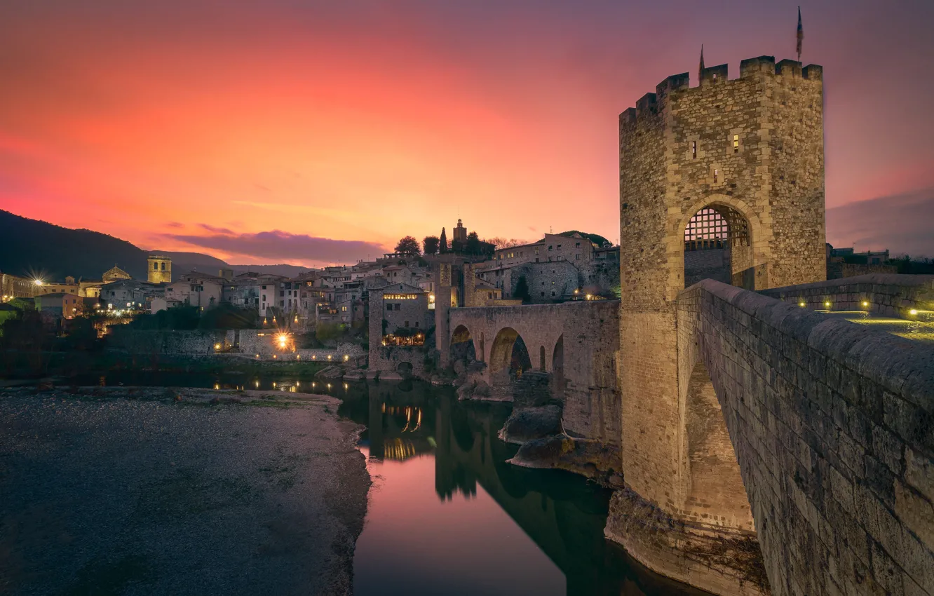 Photo wallpaper sunset, lights, castle, wall, tower, the evening, pond, medieval