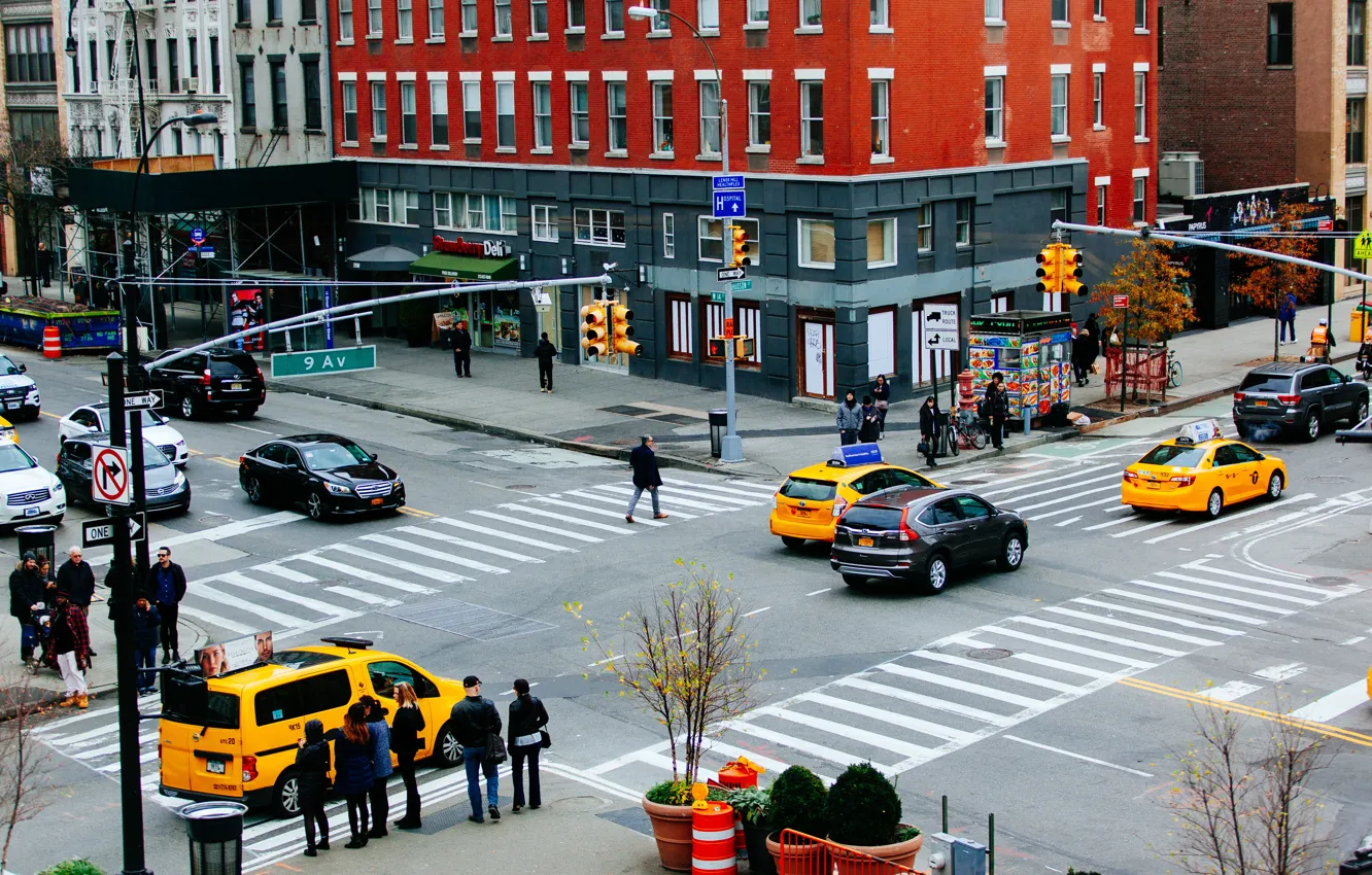 Photo wallpaper road, the city, movement, street, the building, traffic, crossroads, taxi