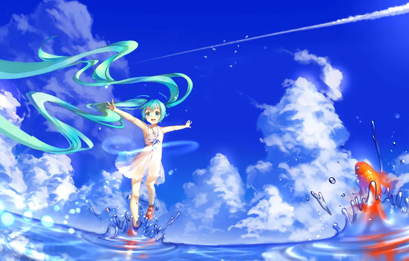 Photo wallpaper the sky, water, girl, clouds, squirt, fish, anime, art