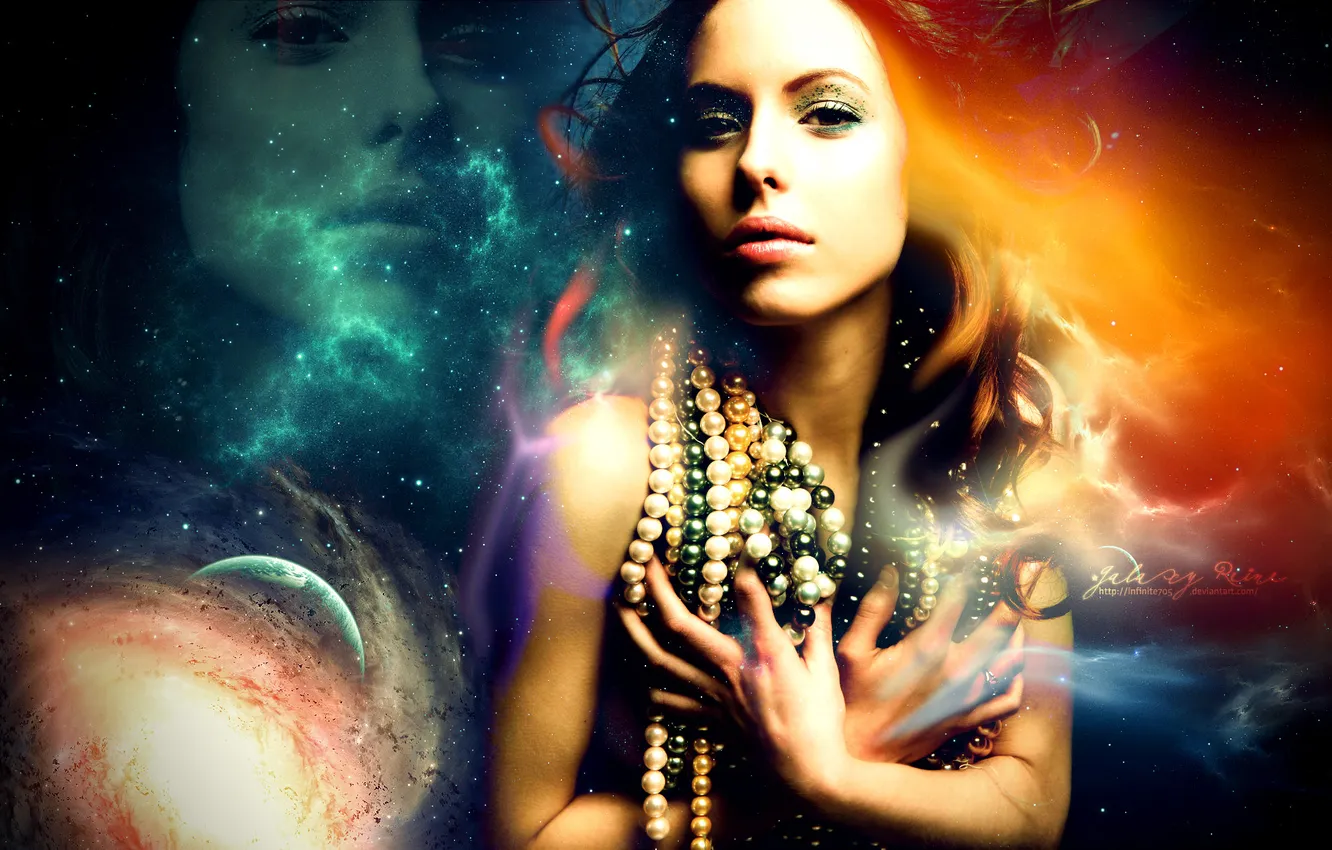 Photo wallpaper girl, space, beads
