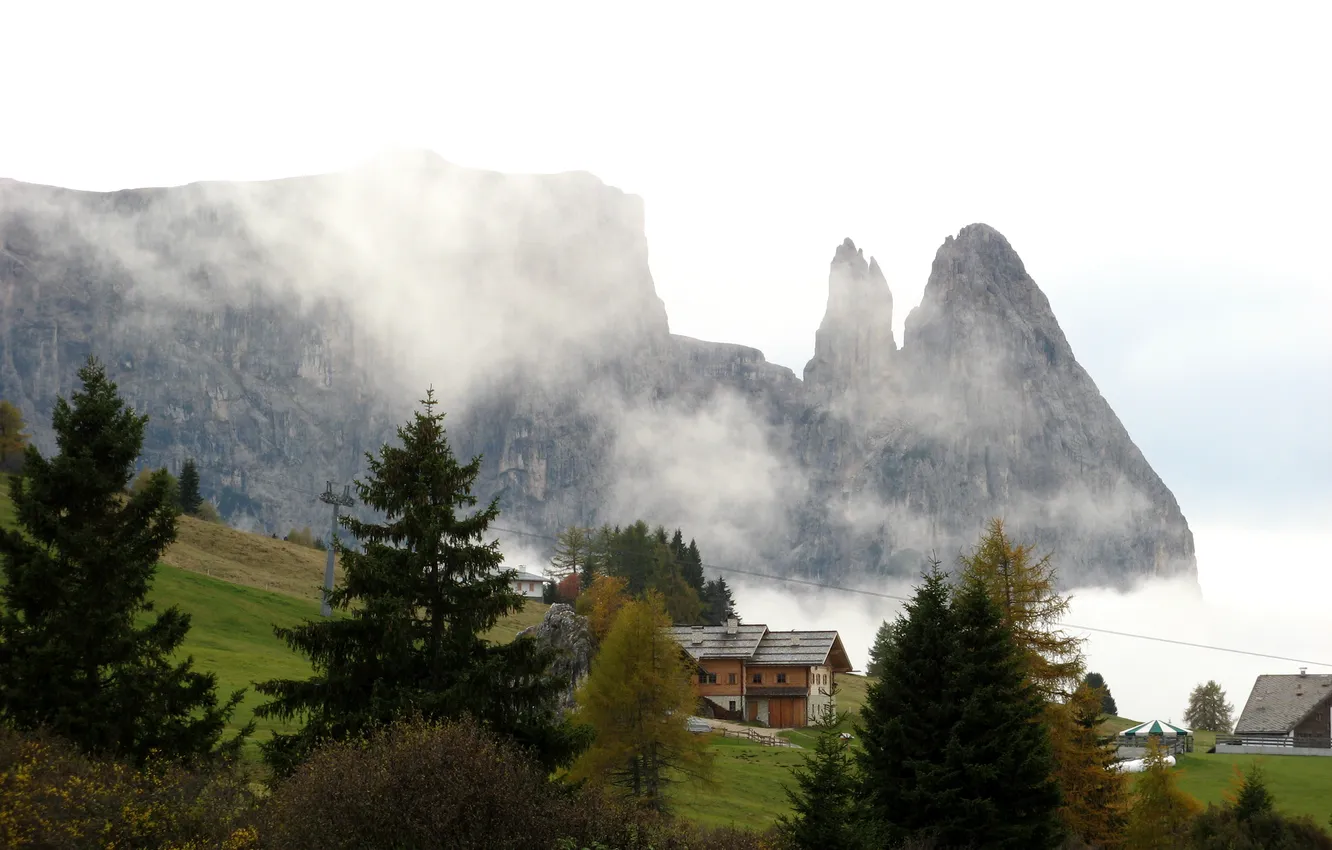 Photo wallpaper trees, mountains, fog, slope, Italy, houses
