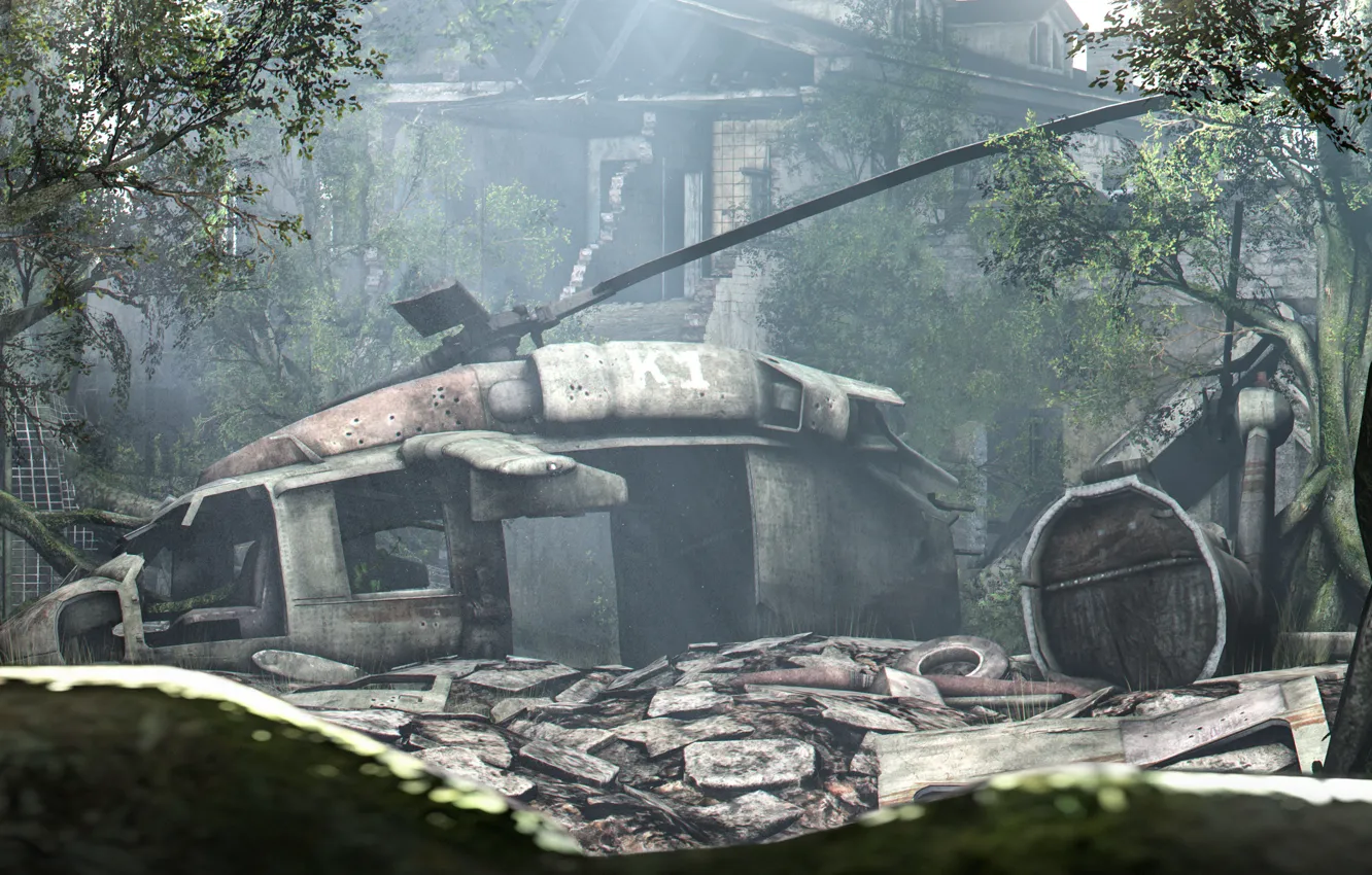 Photo wallpaper trees, building, the crash, helicopter, Black Hawk