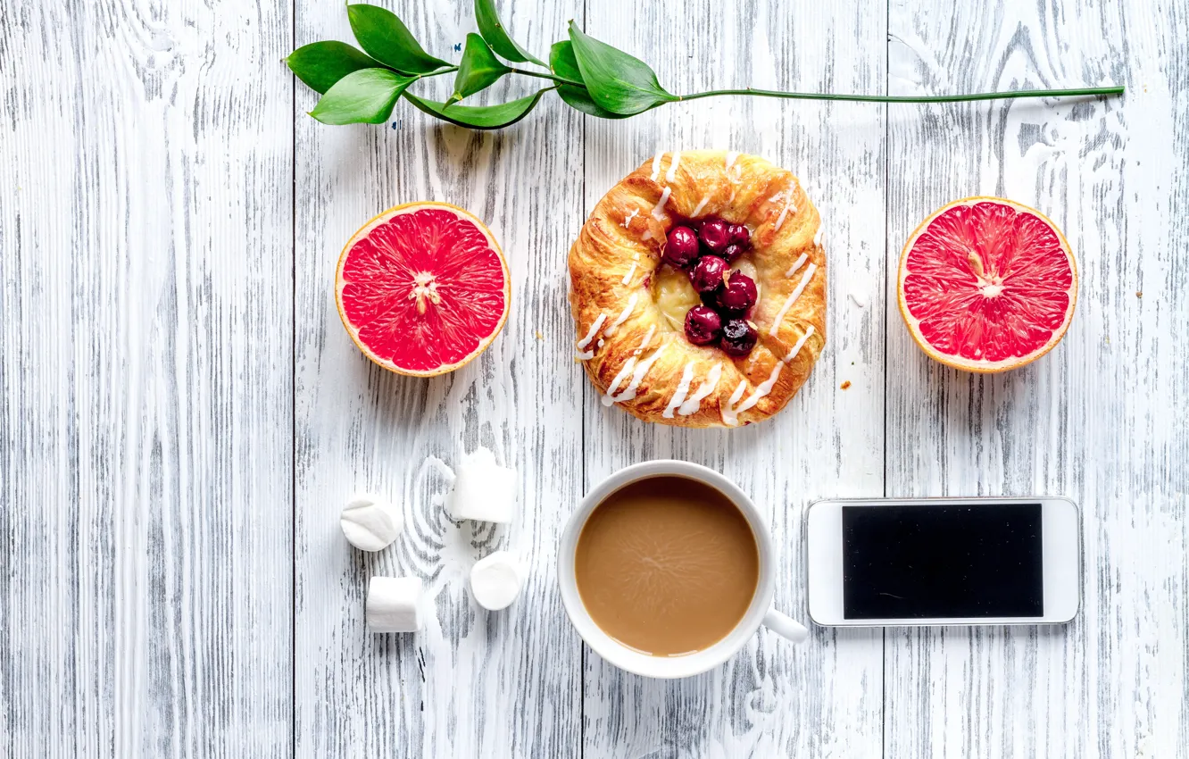 Photo wallpaper berries, Breakfast, blueberries, wood, grapefruit, coffee cup, cocoa, bun