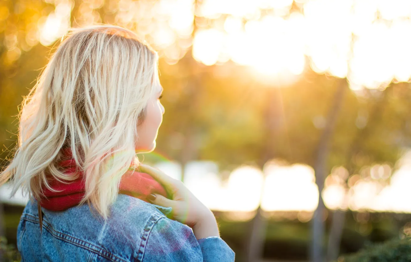 Photo wallpaper light, jacket, blonde, bokeh, girl, the sun, scarf