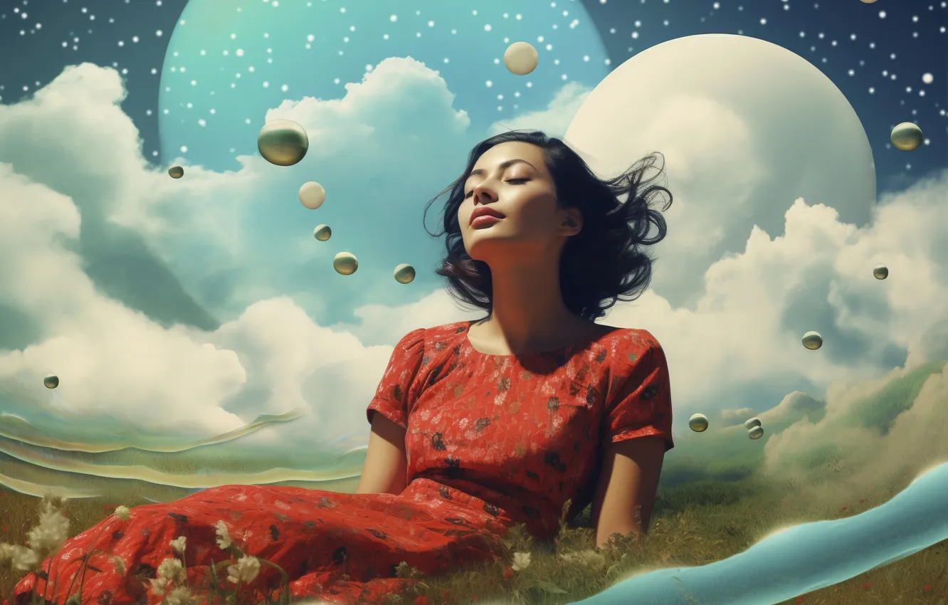 Photo wallpaper girl, clouds, retro, digital art, AI art, The Art of Artificial Intelligence, neural network