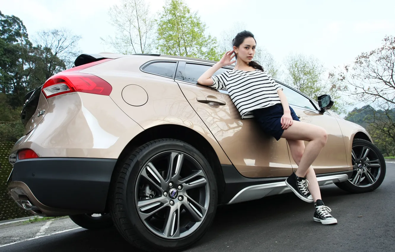 Photo wallpaper auto, look, Girls, Asian, beautiful girl, posing on the car, Volvo V40 Cross Country D2