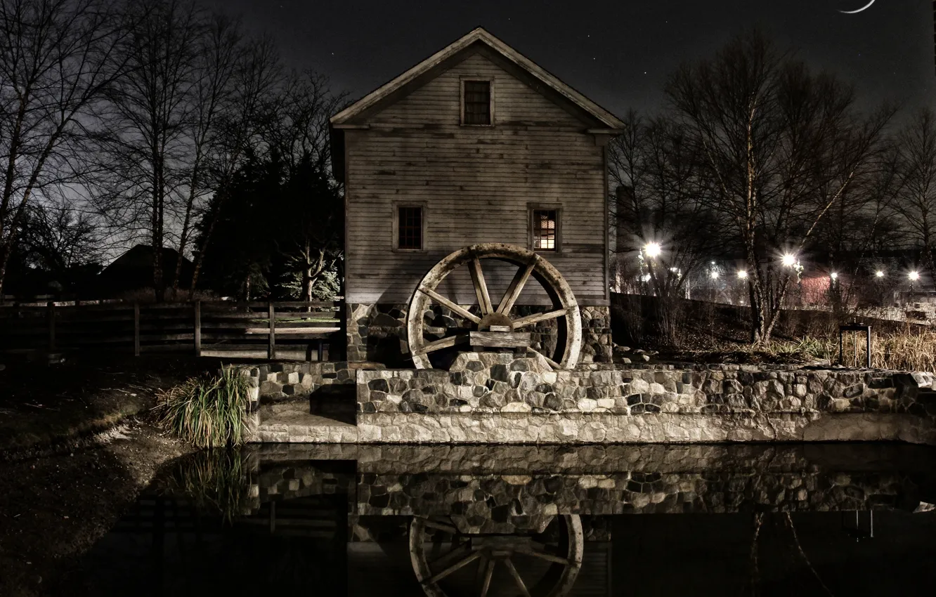 Photo wallpaper water, trees, night, lights, house, reflection, a month, mill
