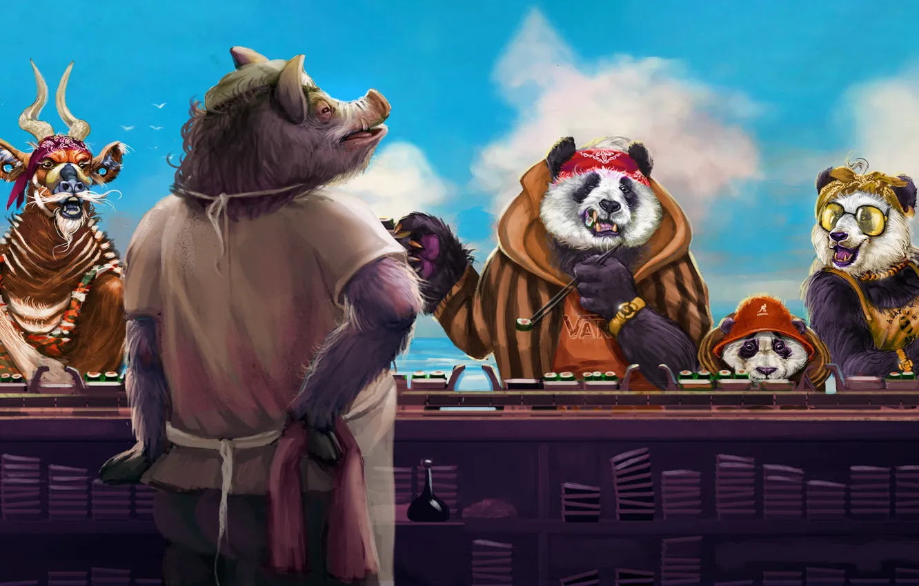 Photo wallpaper Figure, Panda, Style, Sushi, Fantasy, Animals, Art, Boar