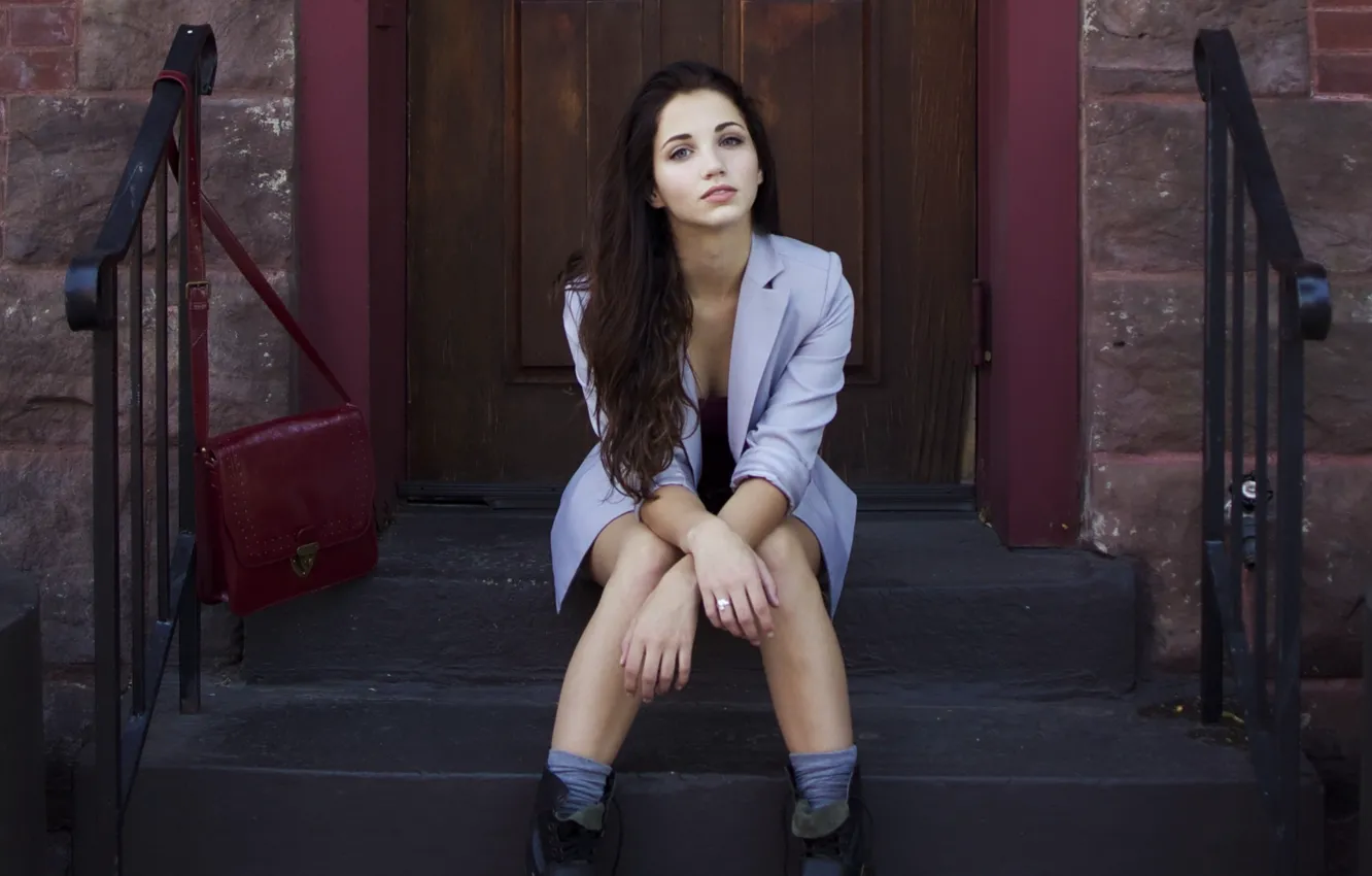 Photo wallpaper girl, hair, shoes, steps, sitting, Emily Rudd