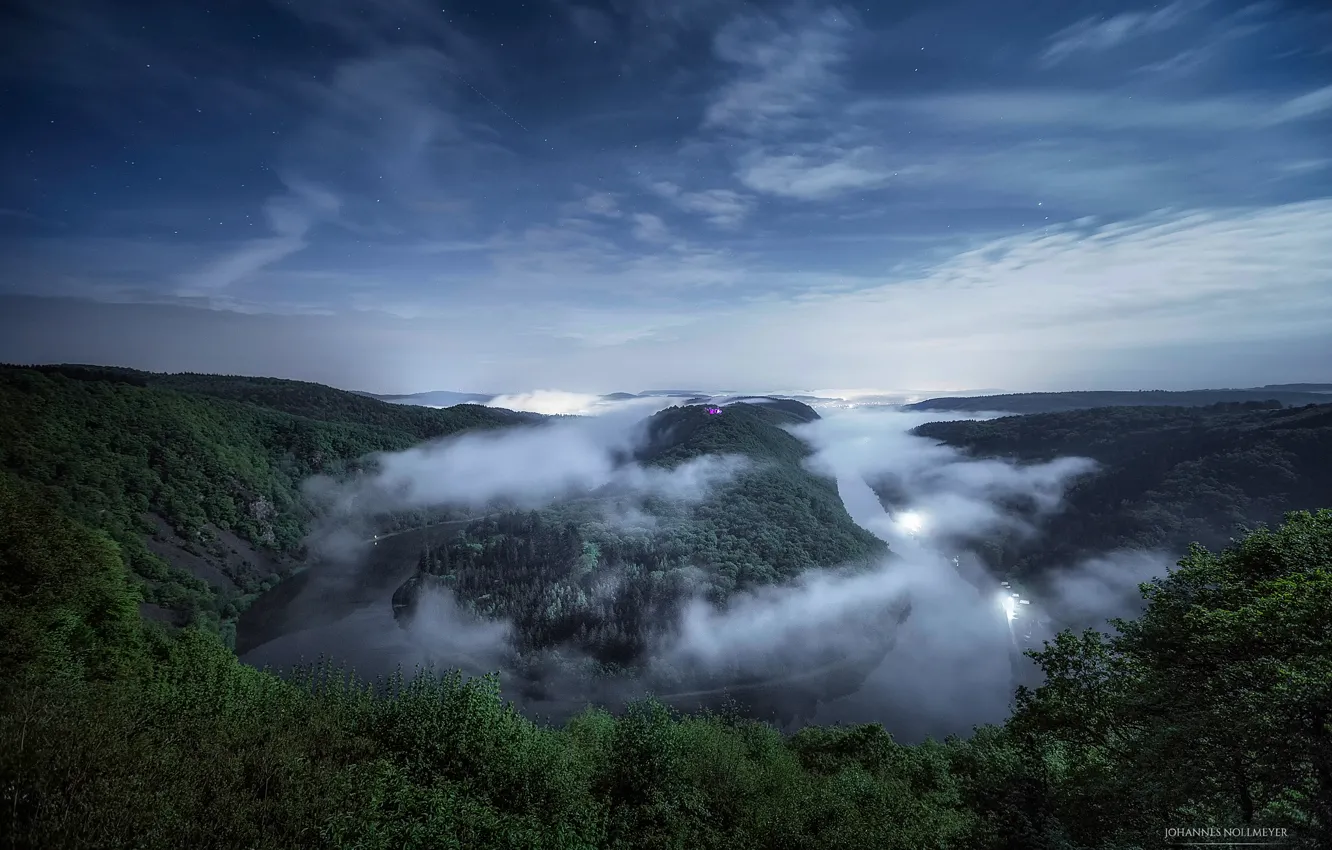 Photo wallpaper stars, night, fog, river, spring, Germany, Saar loop, Saar