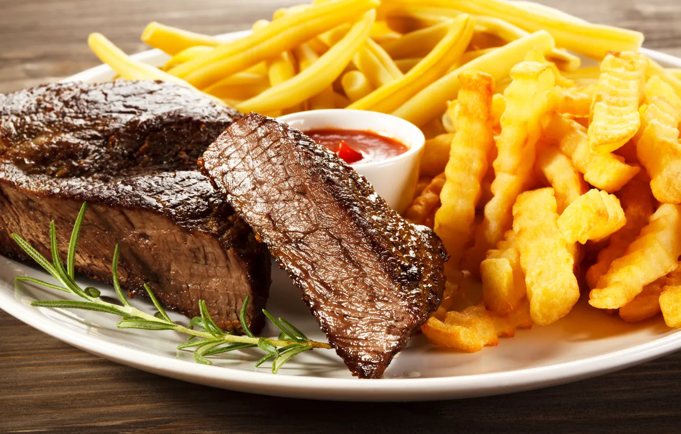 Photo wallpaper meat, sauce, French fries, meat, lamb