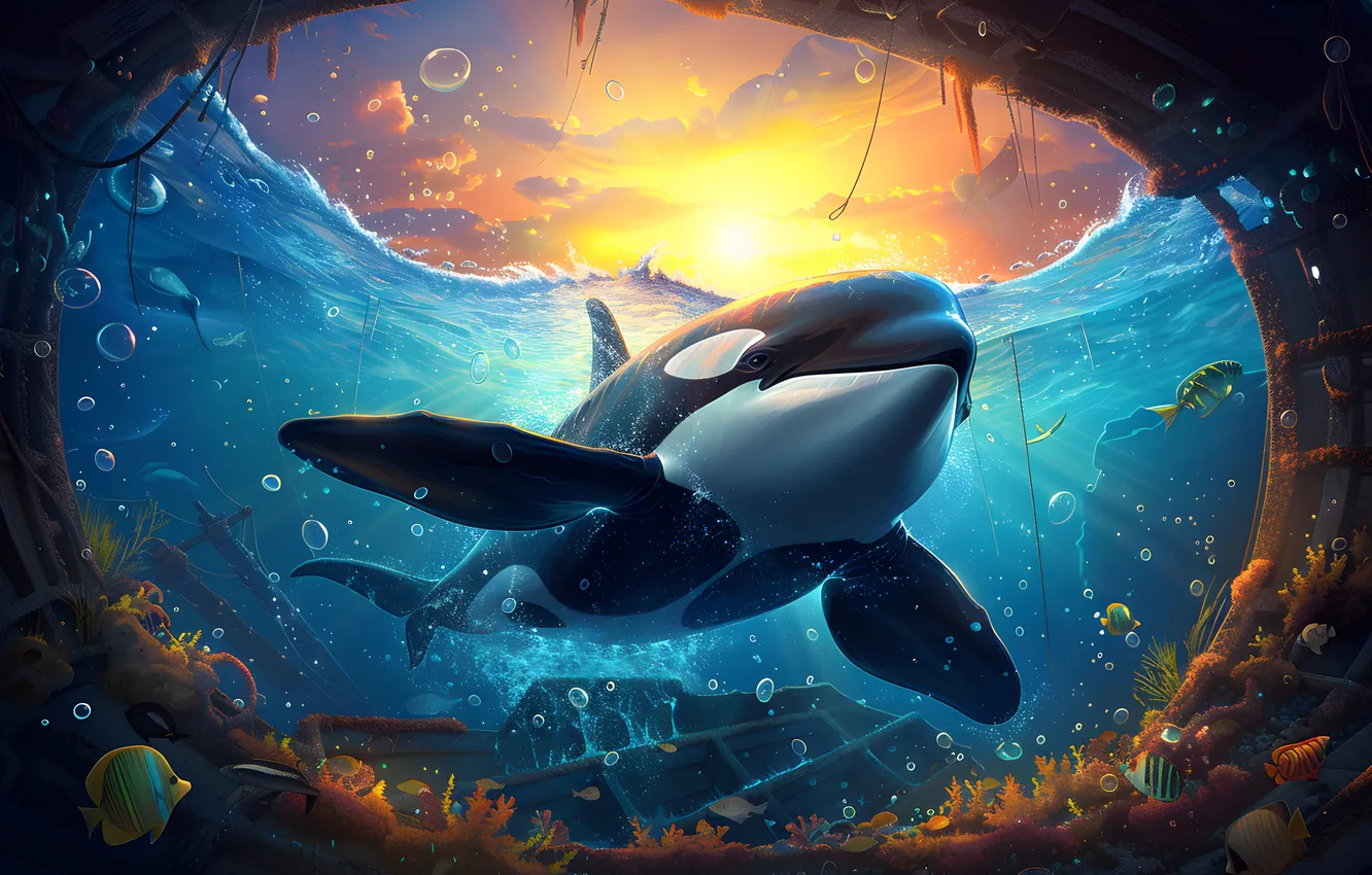 Photo wallpaper fish, whale, digital art, AI art, The Art of Artificial Intelligence, neural network