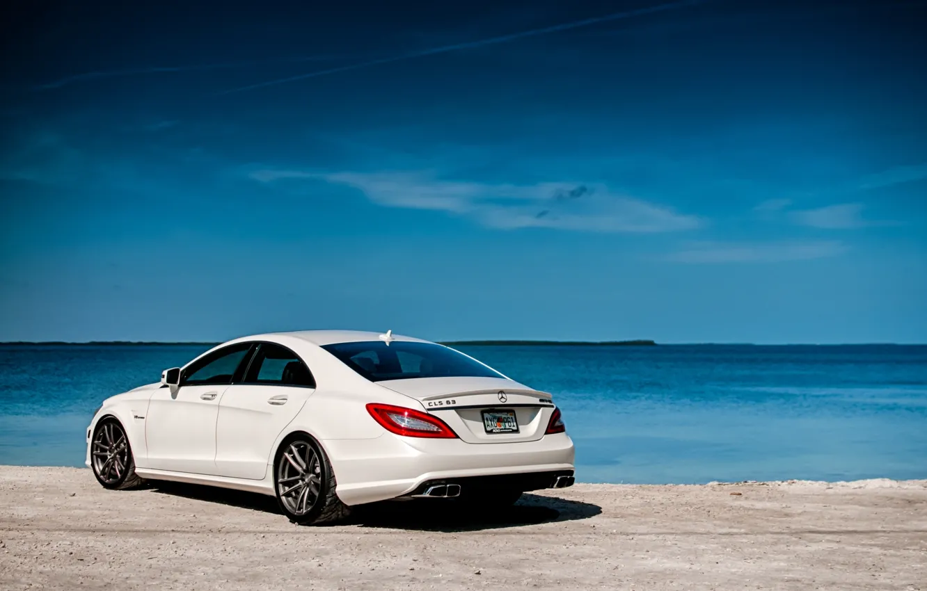 Photo wallpaper white, the sky, water, shore, Mercedes-Benz, Mercedes, rear view, AMG