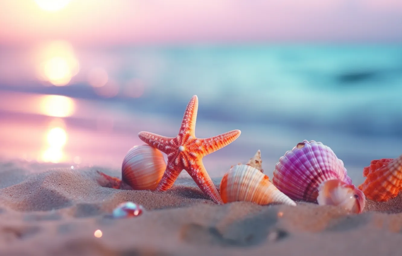 Photo wallpaper sea, beach, the ocean, shore, shell, starfish, seashells, seashell