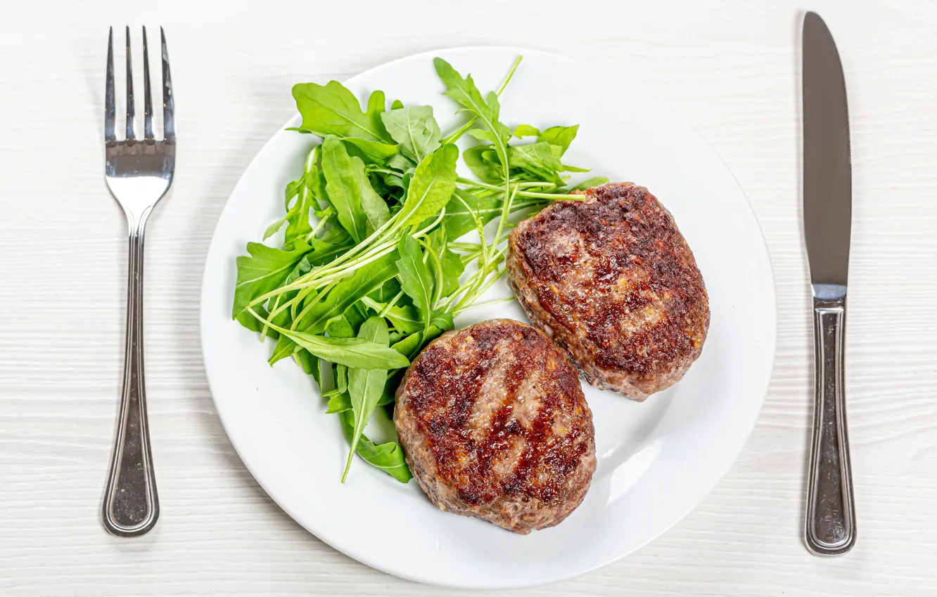 Photo wallpaper greens, plate, knife, plug, cutlet